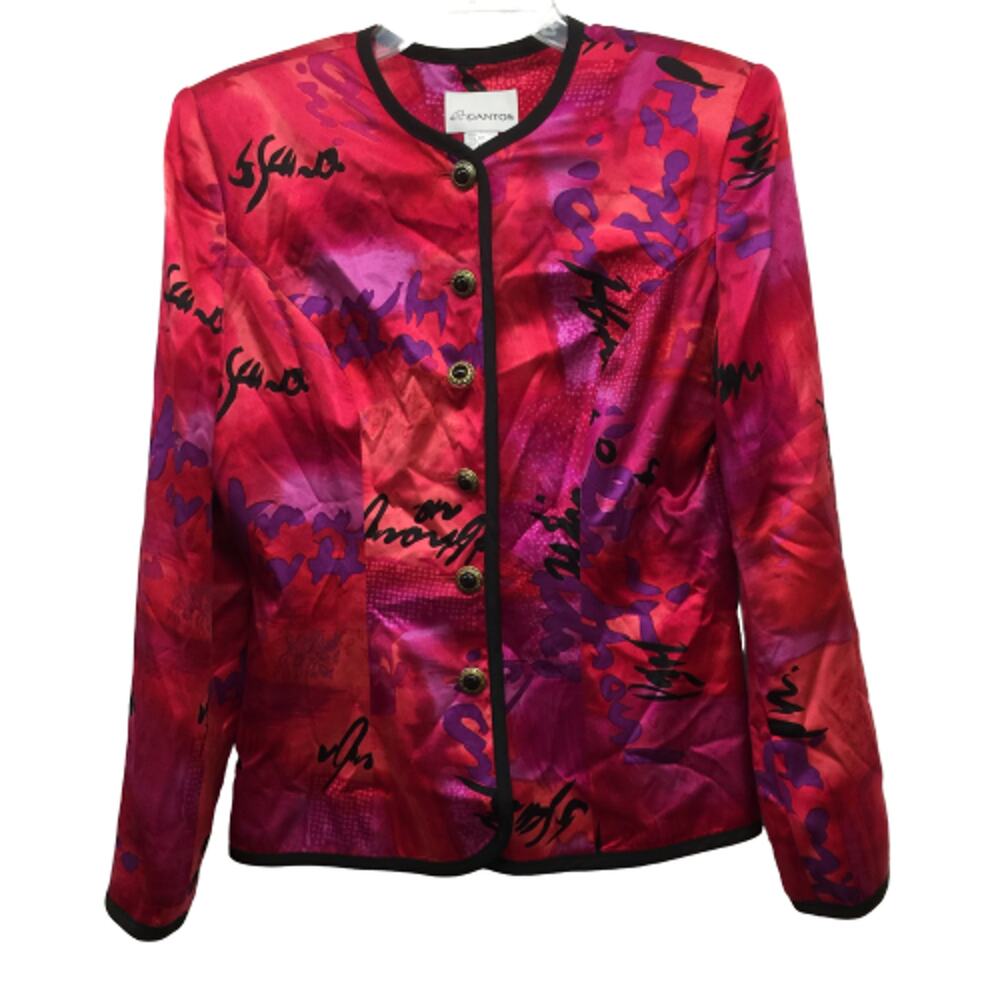 Vintage 90s Gantos Women's Jacket 8 Pink Purple Silk Oriental Black Trim Blazer